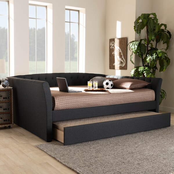 Baxton Studio Delora Dark Grey Queen Size Daybed with Roll-Out Trundle Bed - 158-9666