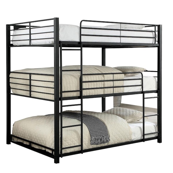 Benjara 79 x 57 x 79 in. Industrial Style Full Triple Decker Bunk Bed with Ladder, Black - BM207366