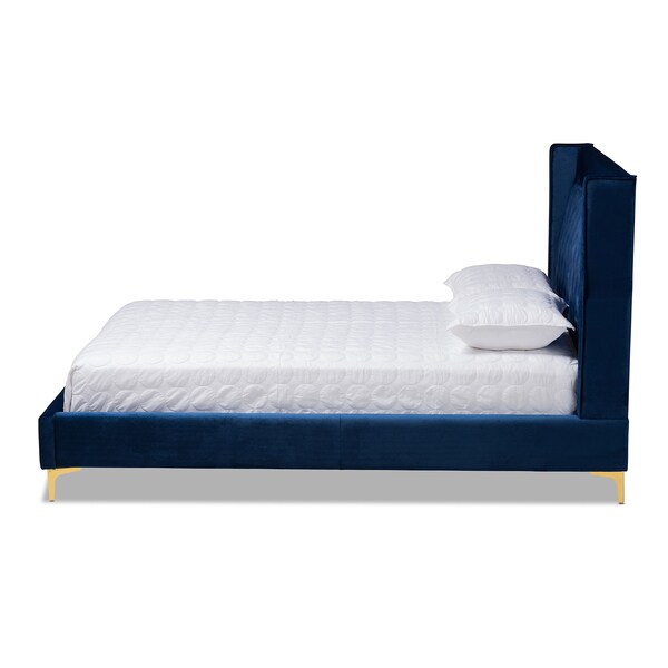Baxton Studio Valery Blue Velvet Queen Size Platform Bed with Gold-Finished Legs - 152-9011