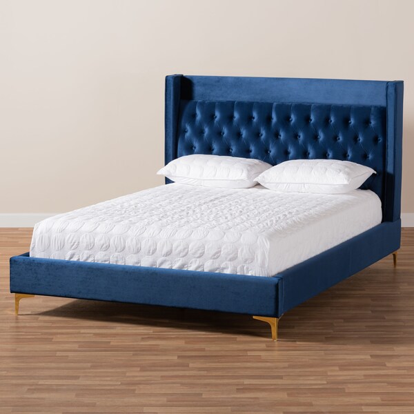 Baxton Studio Valery Blue Velvet Queen Size Platform Bed with Gold-Finished Legs - 152-9011