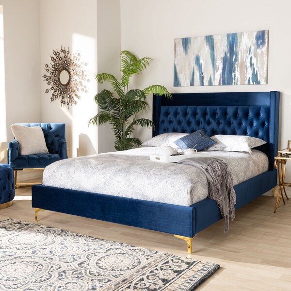 Baxton Studio Valery Blue Velvet Queen Size Platform Bed with Gold-Finished Legs - 152-9011