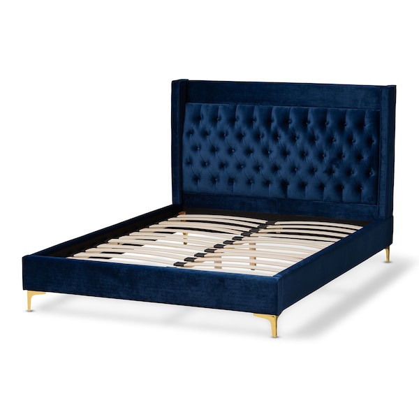 Baxton Studio Valery Blue Velvet Queen Size Platform Bed with Gold-Finished Legs - 152-9011