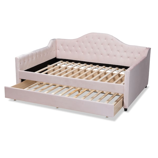 Baxton Studio Perry Pink Velvet Upholstered and Tufted Queen Size Daybed Trundle - 156-9447