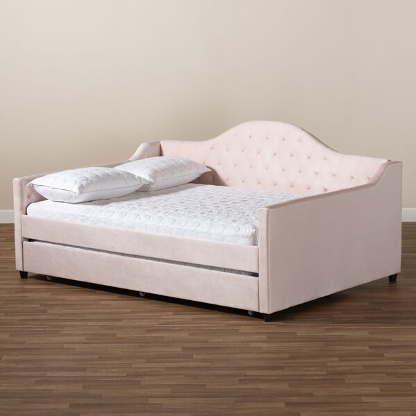 Baxton Studio Perry Pink Velvet Upholstered and Tufted Queen Size Daybed Trundle - 156-9447