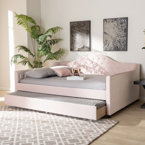 Baxton Studio Perry Pink Velvet Upholstered and Tufted Queen Size Daybed Trundle - 156-9447