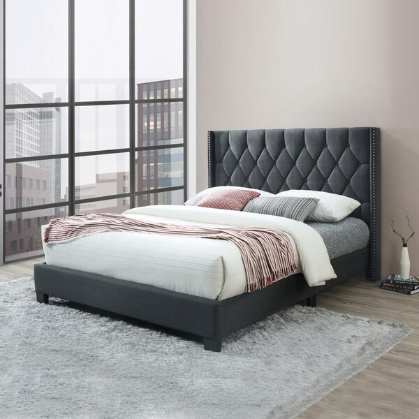Kd Muebles De Dormitorio 52 x 62 x 86 in. Amelia Fabric Tufted Queen Size Platform Bed, Charcoal - KD2536510