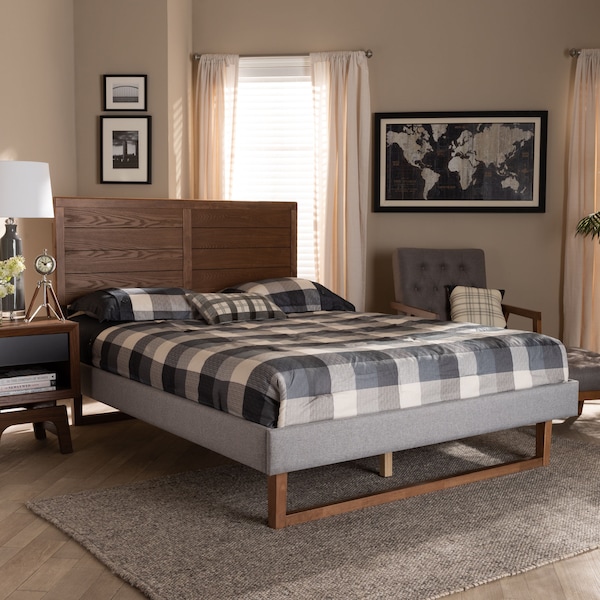 Baxton Studio Claudia Grey Upholstered and Walnut Wood King Size Platform Bed - 164-9418-9427