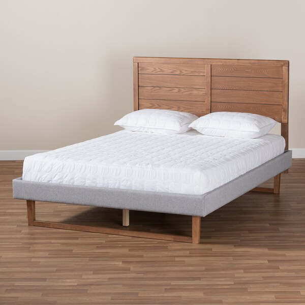 Baxton Studio Claudia Grey Upholstered and Walnut Wood King Size Platform Bed - 164-9418-9427