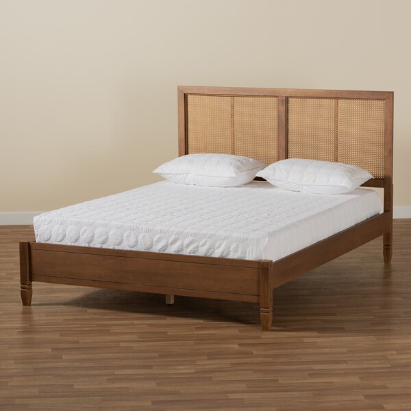 Baxton Studio Redmond Mid-Century Modern Walnut Brown Finished Wood and Synthetic Rattan Full Size Platform Bed - 183-11057-ZORO