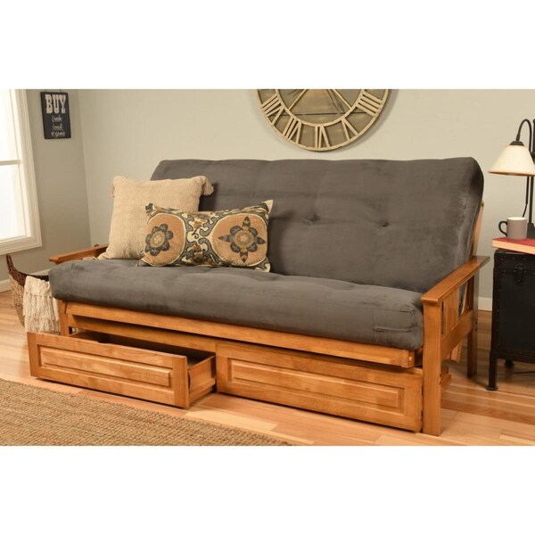 Kodiak Monterey Butternut Futon Frame with Suede Gray Mattress & Storage Drawers - Full Size - KFMODBTSGRYLF5MD4