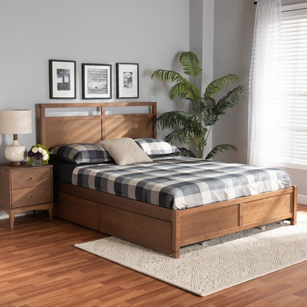 Baxton Studio Saffron ModernWalnut Brown Finished Wood Queen Size 4-Drawer Platform Storage Bed - 196-11505-11508-ZORO