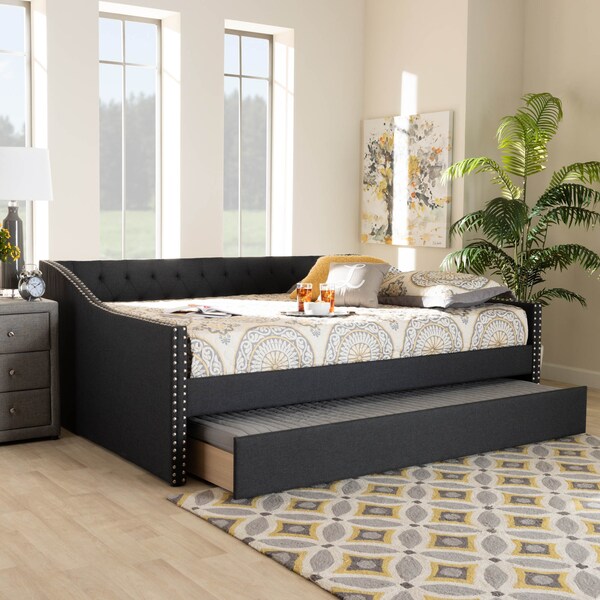 Baxton Studio Haylie Dark Grey Queen Size Daybed with Roll-Out Trundle Bed - 158-9678