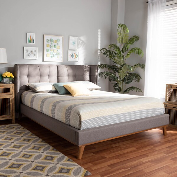 Baxton Studio Gretchen Grey Upholstered and Walnut Wood Queen Size Platform Bed - 164-10658