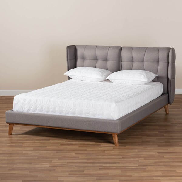 Baxton Studio Gretchen Grey Upholstered and Walnut Wood Queen Size Platform Bed - 164-10658