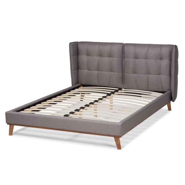 Baxton Studio Gretchen Grey Upholstered and Walnut Wood Queen Size Platform Bed - 164-10658