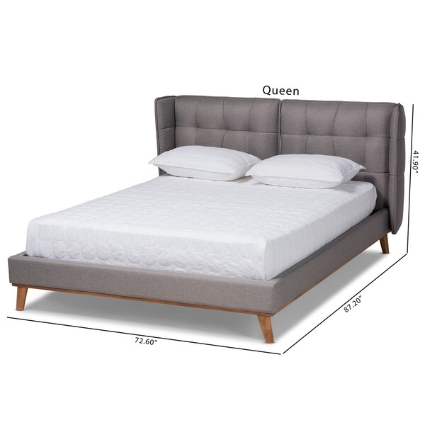 Baxton Studio Gretchen Grey Upholstered and Walnut Wood Queen Size Platform Bed - 164-10658