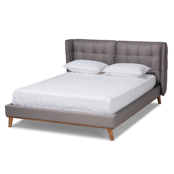Baxton Studio Gretchen Grey Upholstered and Walnut Wood Queen Size Platform Bed - 164-10658