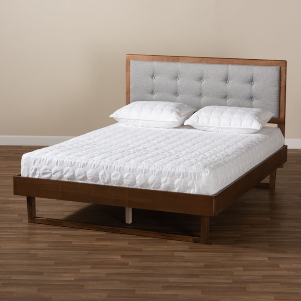 Baxton Studio Viviana Grey Upholstered and Walnut Wood King Size Platform Bed - 167-9412-9436