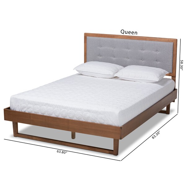 Baxton Studio Viviana Grey Upholstered and Walnut Wood King Size Platform Bed - 167-9412-9436