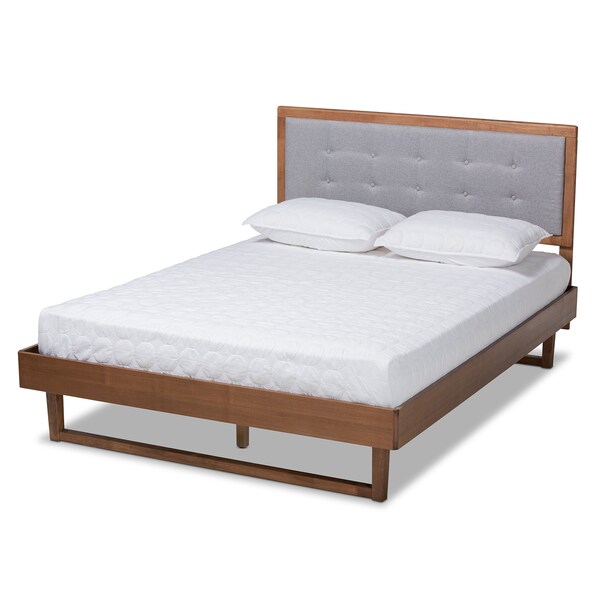 Baxton Studio Viviana Grey Upholstered and Walnut Wood King Size Platform Bed - 167-9412-9436