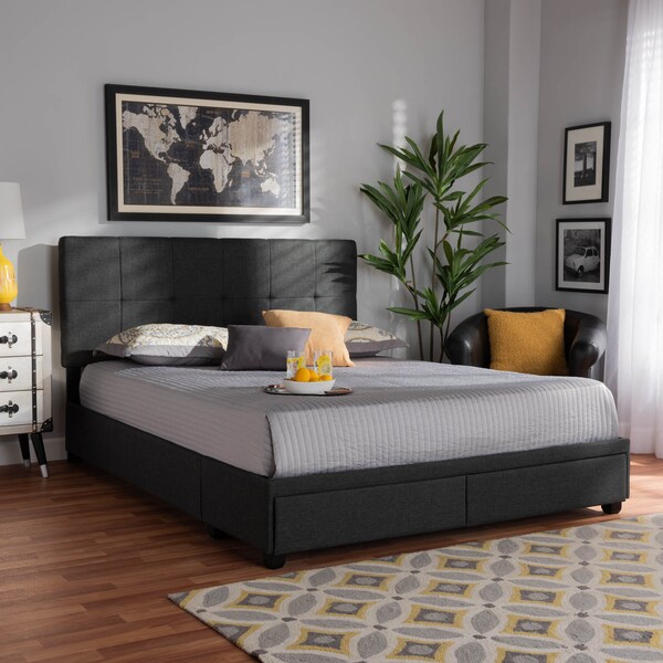 Baxton Studio Netti Dark Grey Upholstered 2-Drawer King Size Platform Storage Bed - 161-10221