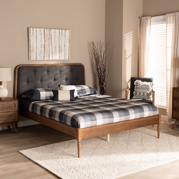 Baxton Studio Diantha Traditional Dark Grey Fabric Upholstered and Walnut Brown Finished Wood Platform Bed-Full - 192-11492-ZORO