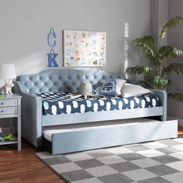 Baxton Studio Freda Blue Velvet Upholstered and Tufted Twin Size Daybed with Trundle - 163-10329