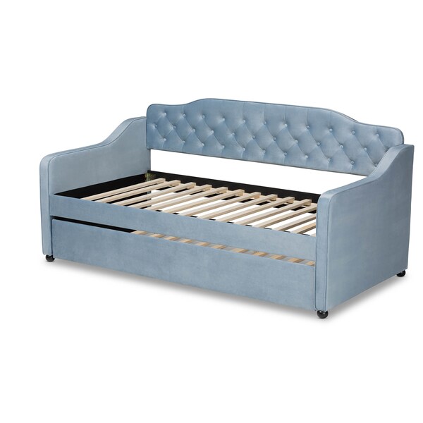 Baxton Studio Freda Blue Velvet Upholstered and Tufted Twin Size Daybed with Trundle - 163-10329