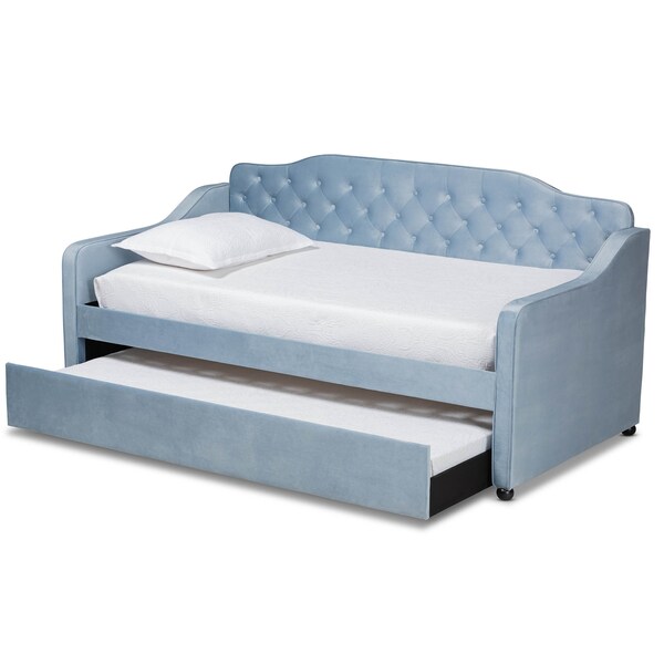 Baxton Studio Freda Blue Velvet Upholstered and Tufted Twin Size Daybed with Trundle - 163-10329