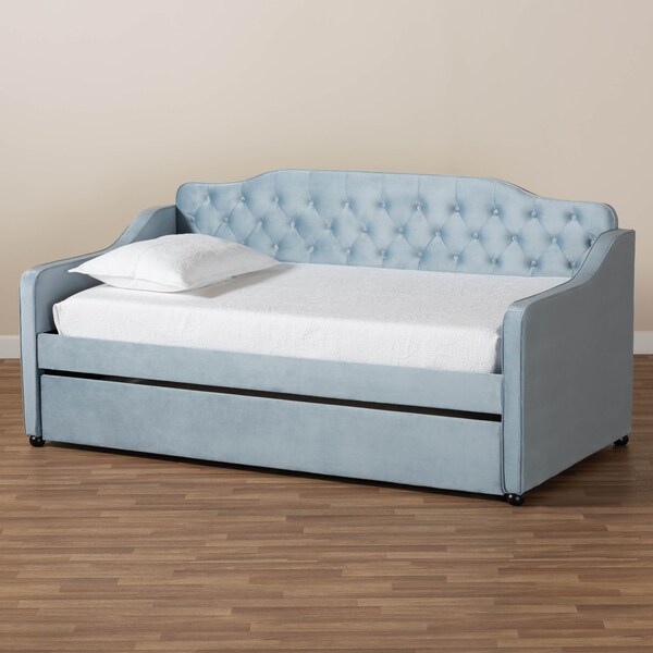 Baxton Studio Freda Blue Velvet Upholstered and Tufted Twin Size Daybed with Trundle - 163-10329
