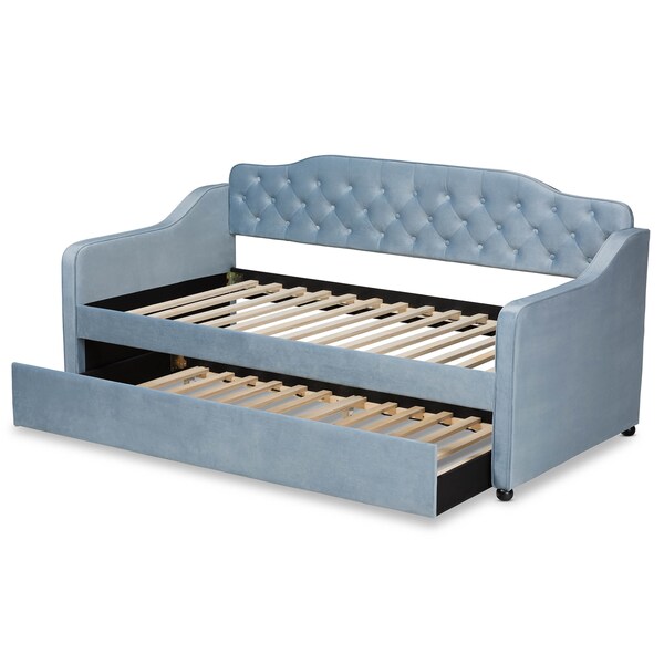 Baxton Studio Freda Blue Velvet Upholstered and Tufted Twin Size Daybed with Trundle - 163-10329