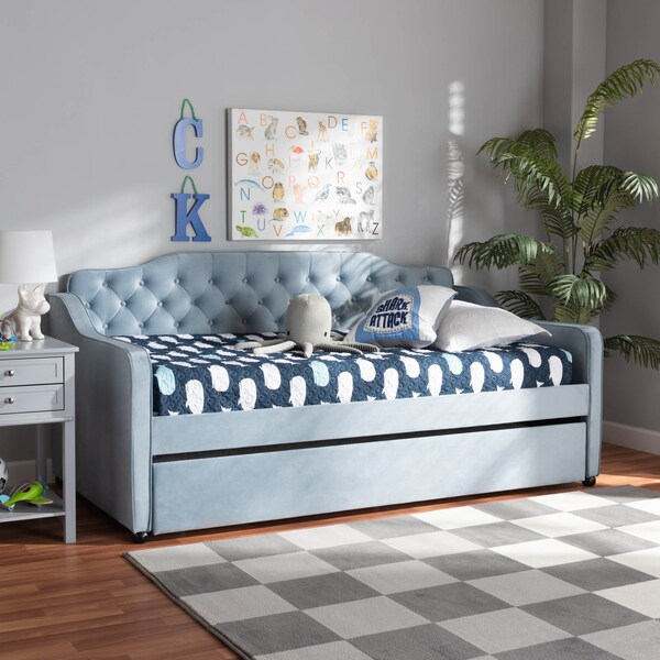 Baxton Studio Freda Blue Velvet Upholstered and Tufted Twin Size Daybed with Trundle - 163-10329