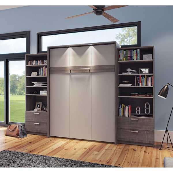 Bestar Cielo 125W Queen Murphy Bed and 2 Shelving Units with Drawers (124W), Bark Grey & White - 80885-47