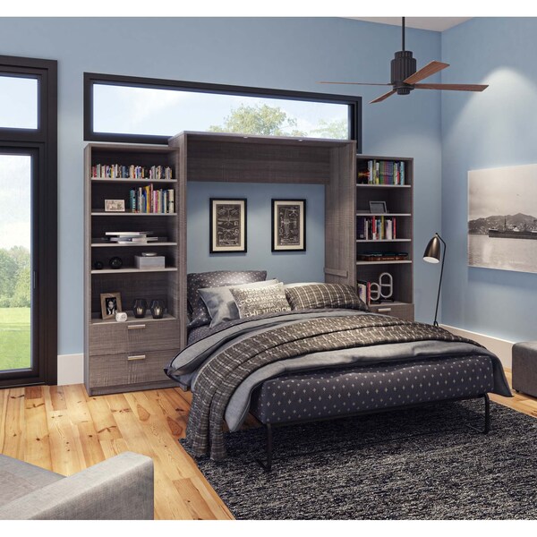 Bestar Cielo 125W Queen Murphy Bed and 2 Shelving Units with Drawers (124W), Bark Grey & White - 80885-47
