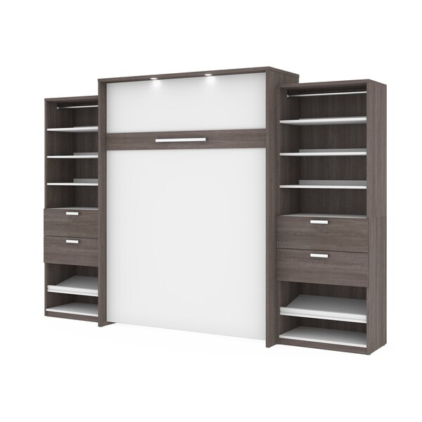 Bestar Cielo 125W Queen Murphy Bed and 2 Shelving Units with Drawers (124W), Bark Grey & White - 80885-47