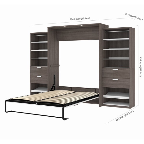 Bestar Cielo 125W Queen Murphy Bed and 2 Shelving Units with Drawers (124W), Bark Grey & White - 80885-47
