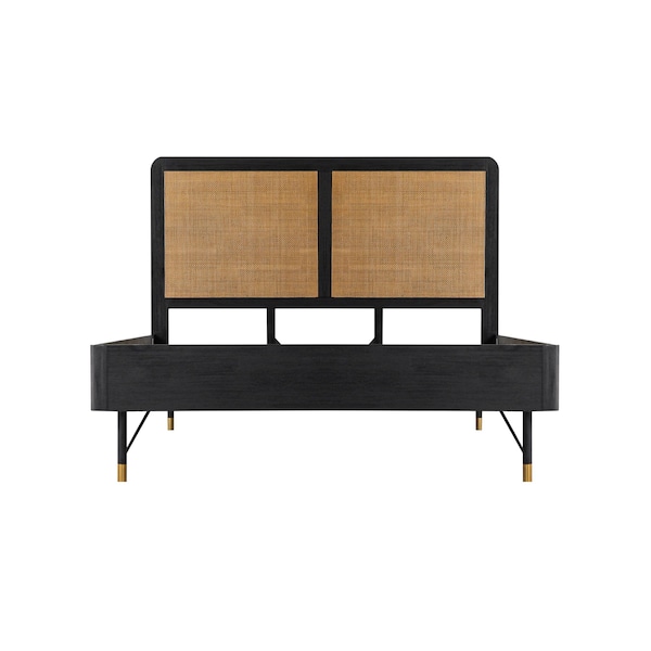 Armen Living Saratoga Queen Platform Frame Bed in Black Acacia with Rattan Headboard - LCSRBDBLQN