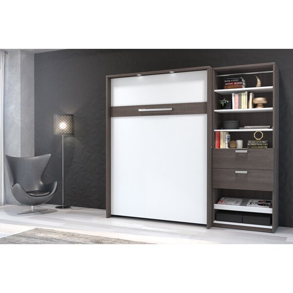 Bestar Cielo Full Murphy Bed and Shelving Unit with Drawers (89W), Bark Grey & White - 80892-47