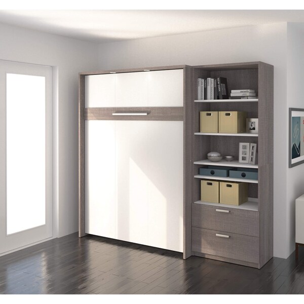 Bestar Cielo Full Murphy Bed and Shelving Unit with Drawers (89W), Bark Grey & White - 80892-47
