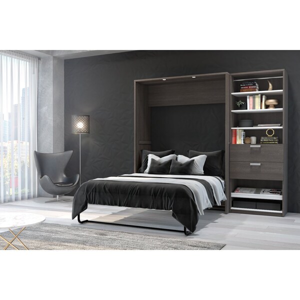 Bestar Cielo Full Murphy Bed and Shelving Unit with Drawers (89W), Bark Grey & White - 80892-47