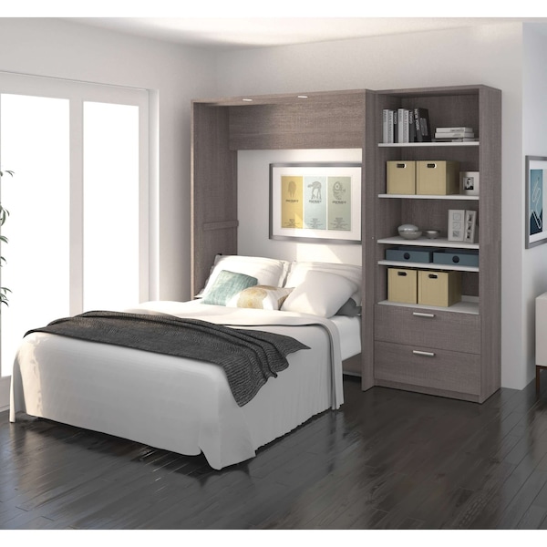 Bestar Cielo Full Murphy Bed and Shelving Unit with Drawers (89W), Bark Grey & White - 80892-47