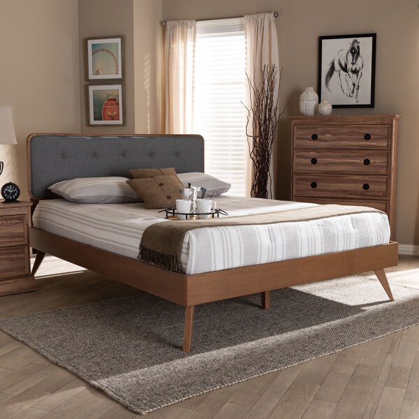 Baxton Studio Dilara Dark Grey Upholstered Walnut Finished Full Size Platform Bed - 156-9407-9437
