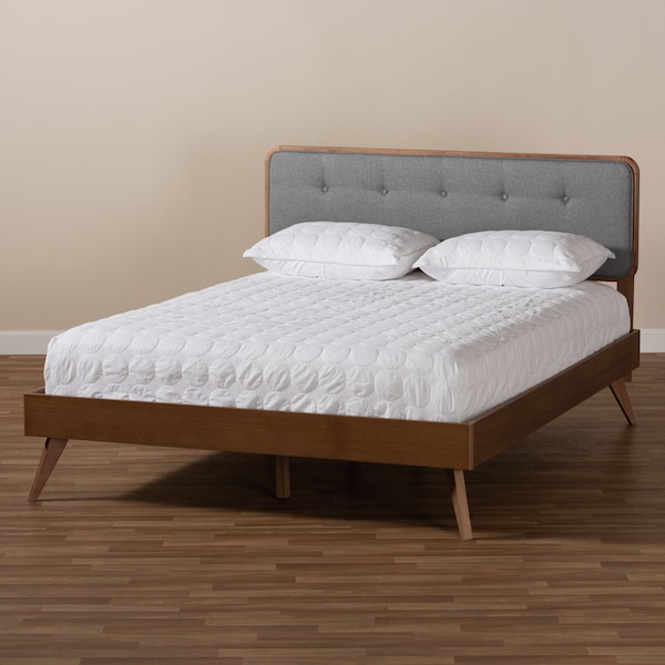 Baxton Studio Dilara Dark Grey Upholstered Walnut Finished Full Size Platform Bed - 156-9407-9437
