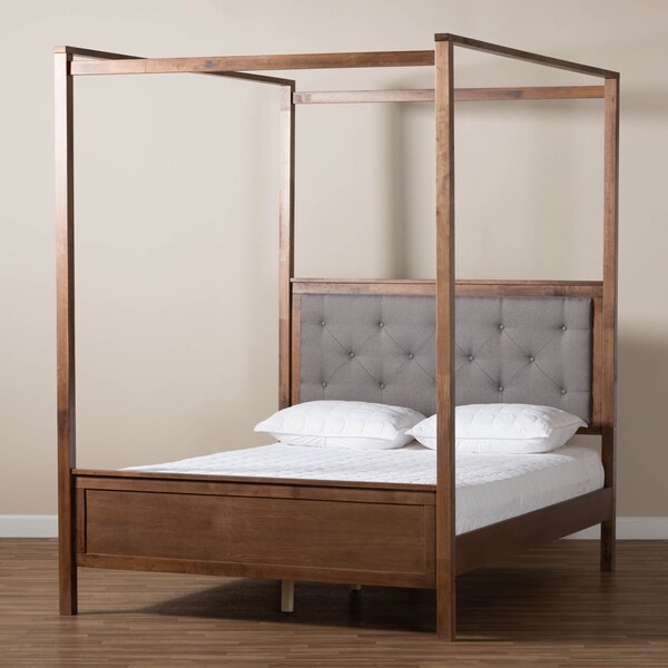Baxton Studio Natasha Grey Upholstered and Walnut Wood King Size Platform Bed - 165-10717