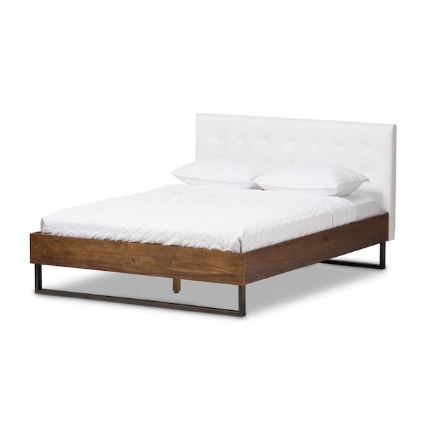 Baxton Studio Mitchell Wood White Faux Leather Dark Metal Queen Size Platform Bed - 136-7351
