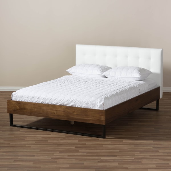 Baxton Studio Mitchell Wood White Faux Leather Dark Metal Queen Size Platform Bed - 136-7351