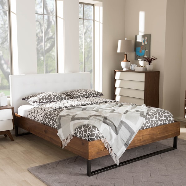 Baxton Studio Mitchell Wood White Faux Leather Dark Metal Queen Size Platform Bed - 136-7351