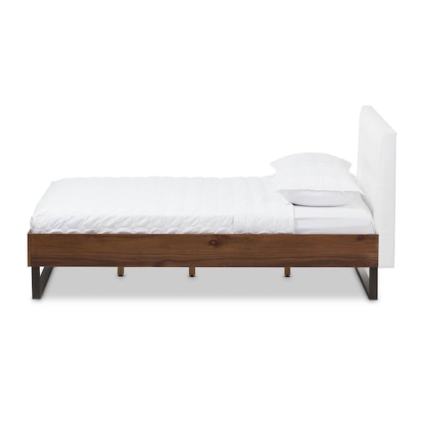 Baxton Studio Mitchell Wood White Faux Leather Dark Metal Queen Size Platform Bed - 136-7351