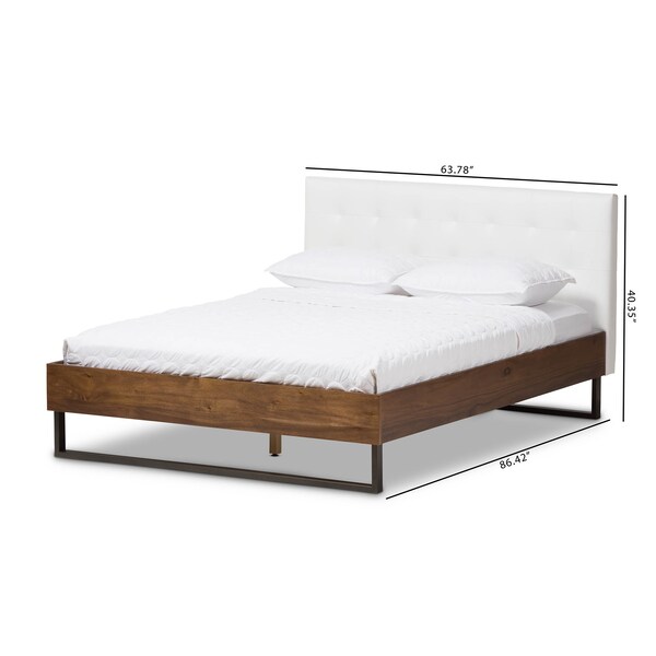 Baxton Studio Mitchell Wood White Faux Leather Dark Metal Queen Size Platform Bed - 136-7351