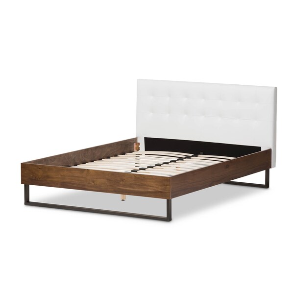 Baxton Studio Mitchell Wood White Faux Leather Dark Metal Queen Size Platform Bed - 136-7351